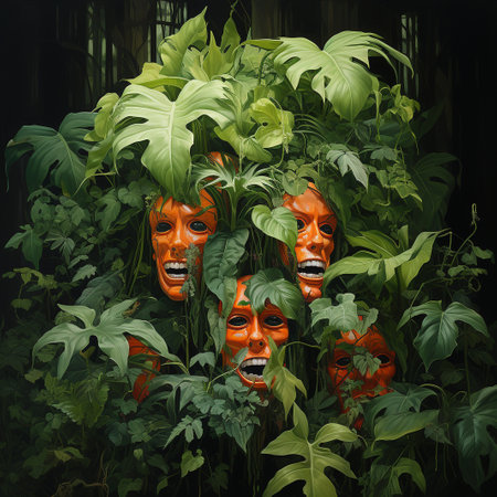 3d illustration of a group of monstera masks in the jungleの素材