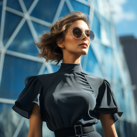 fashion outdoor photo of beautiful sensual woman with dark hair in elegant dress and sunglassesの素材