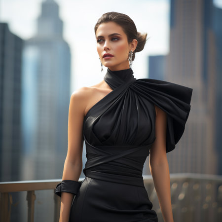 Beautiful young woman with evening make-up in black evening dress on the background of skyscrapersの素材