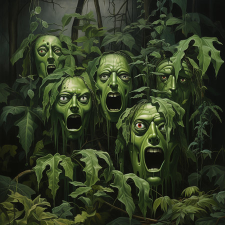 3D rendering of a group of green monsters in the dark forestの素材