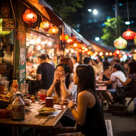 Unidentified Thai people eating at night street food market in Bangkok, Thailand.の素材