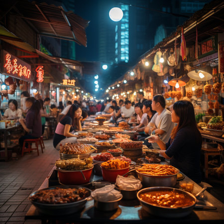 Unidentified Thai people sell food at night market.の素材