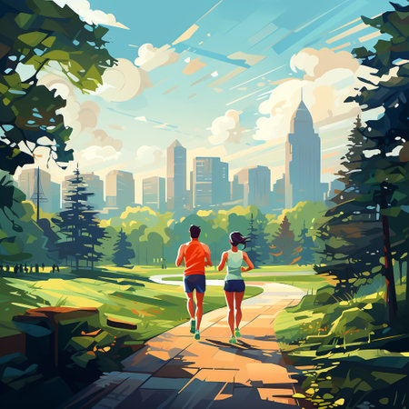 Sporty young couple jogging in the city park, vector illustrationの素材