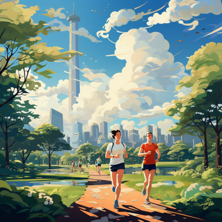 People jogging in the park. Healthy lifestyle. Vector illustration.の素材