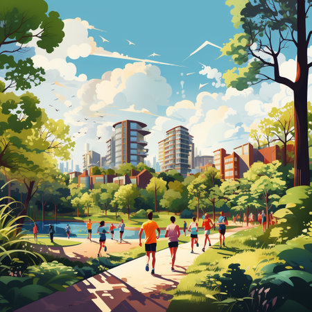 People jogging in the city park. Healthy lifestyle. Vector illustrationの素材