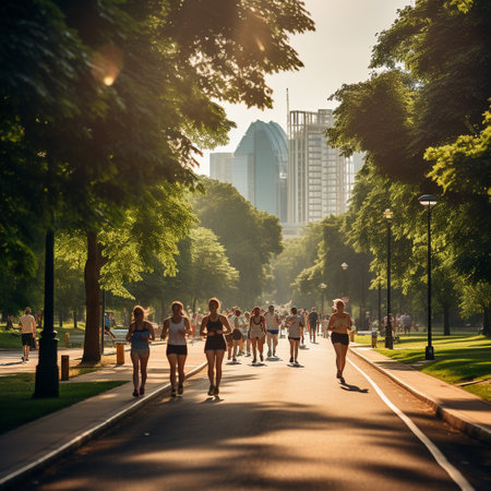 Unidentified people running in the park at sunset.の素材