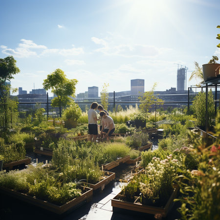 Couple of gardeners working on the terrace of a greenhouseの素材