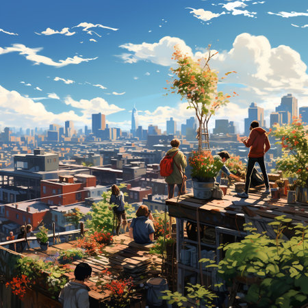 Cityscape of modern city with people on terrace, 3D renderの素材