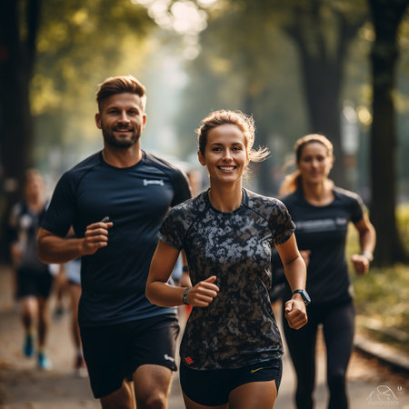 Group of people running in the park. Healthy lifestyle and sports concept.の素材
