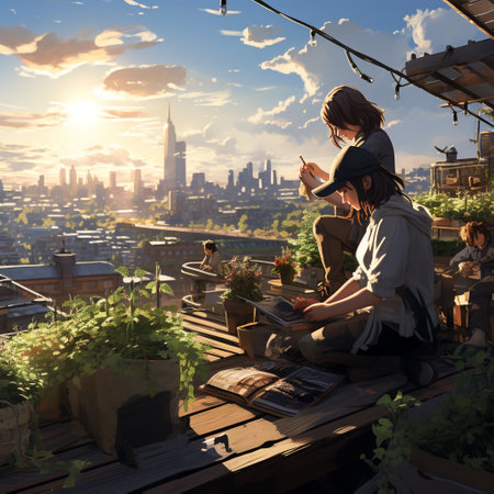 Woman sitting on the terrace of a cafe with a view of the cityの素材