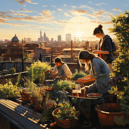 Young people gardening on a terrace with city view at sunset.の素材