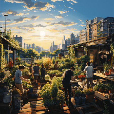 People in the garden in the evening. Photorealistic 3D renderingの素材