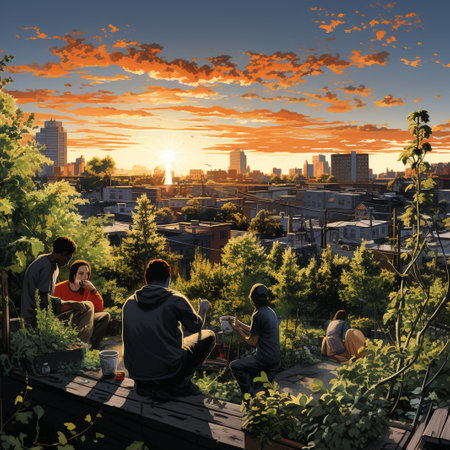 Group of young people sitting on the terrace and looking at the sunsetの素材