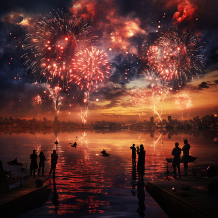 Silhouette of a group of people watching fireworks in the skyの素材
