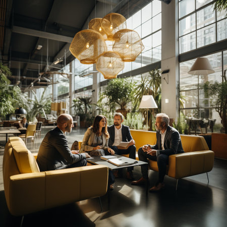 Group of business people having a meeting in a modern office. Business people sitting in the lobby of a modern office.の素材