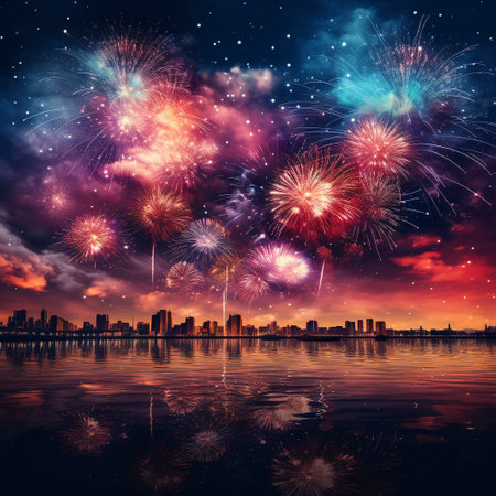 Colorful fireworks with reflection in water and cityscape at night.の素材