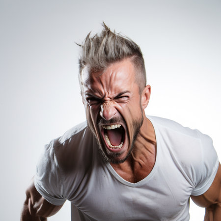 Angry young man screaming, isolated on white background. Studio shot.の素材