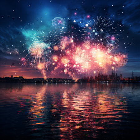 Colorful fireworks over the Moscow Kremlin and Moskva River, Russiaの素材