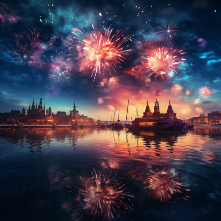 Panoramic view of the old city of Prague and fireworks in the skyの素材