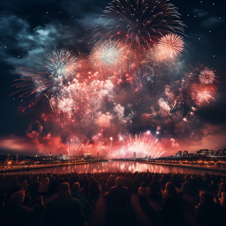 Colorful fireworks of various colors over the city skyline at night.の素材