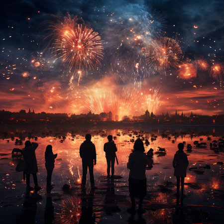Silhouette of a group of people watching the fireworks in the night skyの素材