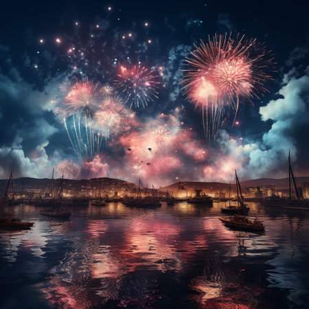 Colorful fireworks in the night sky with boats and yachtsの素材