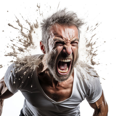 frustrated senior man screaming and splashing isolated on white backgroundの素材