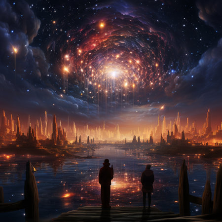 Mystical landscape with a man standing on the edge of a lake and looking at the skyの素材