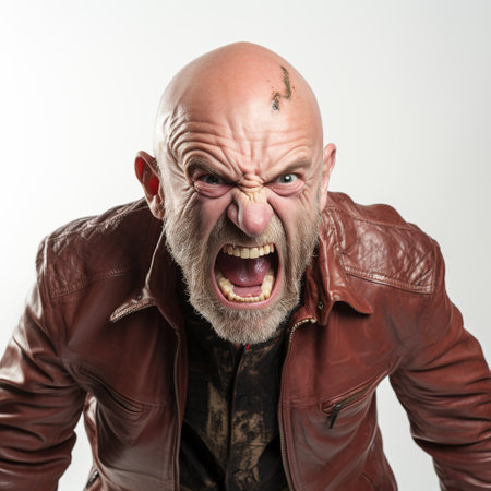 Portrait of an angry senior man with a beard in a leather jacketの素材