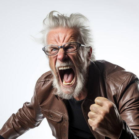 Senior man with white beard and mustache in brown leather jacket shouting and clenching fist isolated on white backgroundの素材