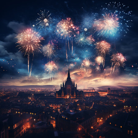Beautiful fireworks over the old town of Prague, Czech Republic.の素材