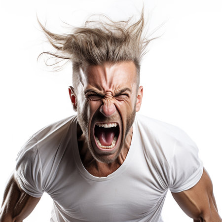 frustrated man in white t-shirt screaming, studio shotの素材