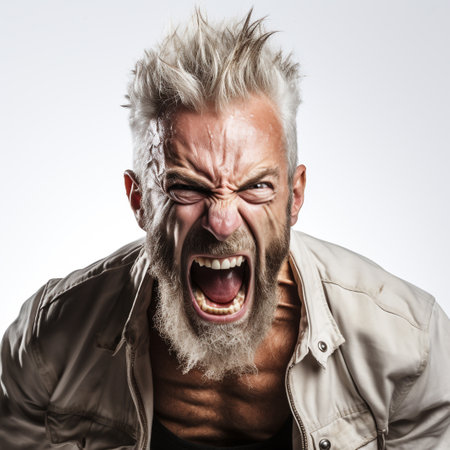 Portrait of an angry man with a long white beard and mustache shoutingの素材