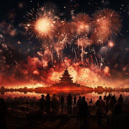 Silhouettes of people and fireworks on the background of the templeの素材