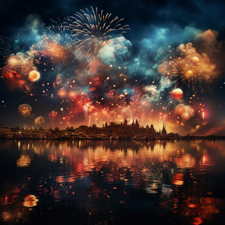 Fireworks over Big Ben, New Year's Eve celebration in Budapest, Hungaryの素材