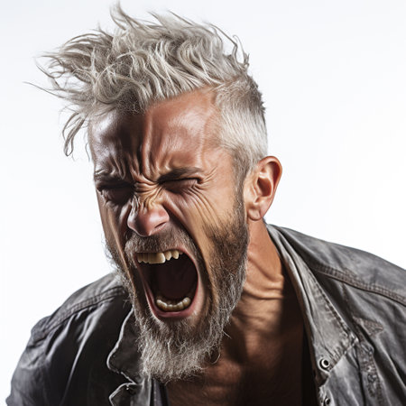 Portrait of angry man screaming. Isolated on white background.の素材
