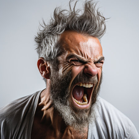 Portrait of a furious man screaming, isolated on a gray backgroundの素材
