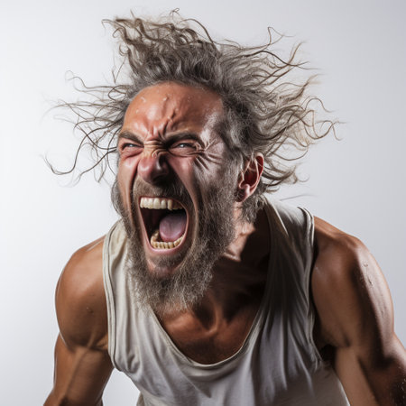 Portrait of a man with long hair screaming. Studio shot.の素材