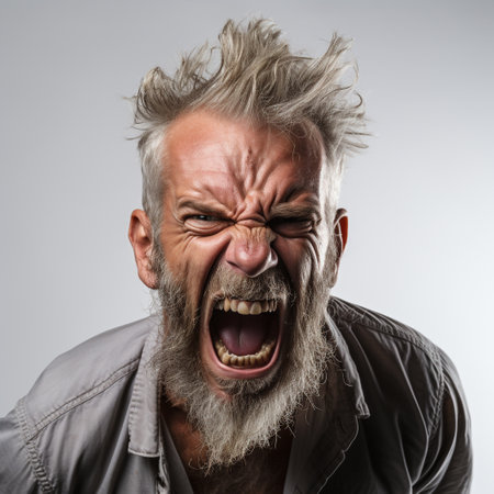 Portrait of an angry senior man screaming on a gray background.の素材
