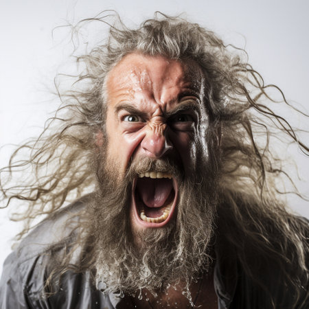 handsome bearded man with long beard and mustache has wet hair in studio on gray background shoutingの素材