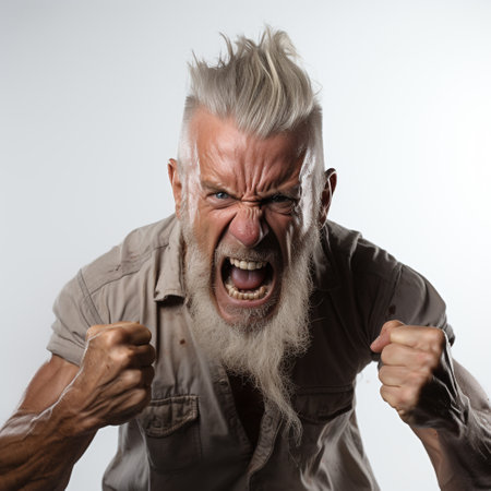 portrait of angry senior man with long white beard and mustache shouting furious in rage on gray backgroundの素材