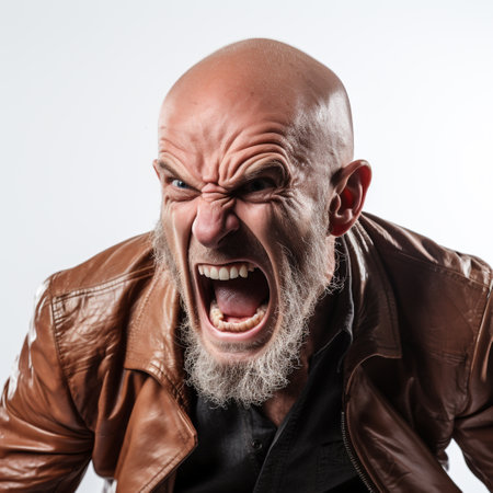 Closeup portrait of a screaming man in leather jacket on white backgroundの素材