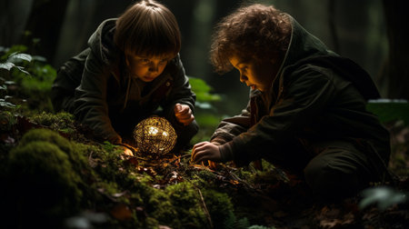 Two little boys playing with a crystal ball in the forest at nightの素材