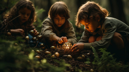 Cute little children playing with Easter eggs in the forest. Happy childhood concept.の素材