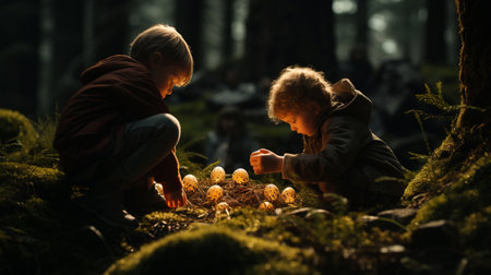 Little boy and girl playing with mushrooms in the forest at night.の素材