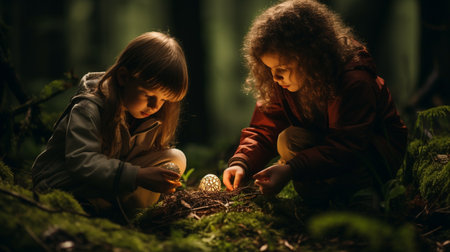 Little girl and boy playing with light bulbs in the forest. Fairy tale.の素材