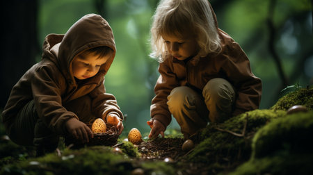 Little boy and girl playing with easter eggs in the forest.の素材
