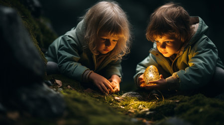 Little boy and girl playing with a stone in the forest at nightの素材