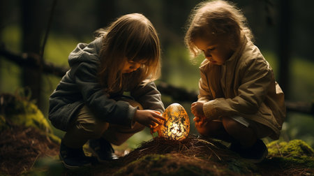 Two little girls sitting on the ground in the forest and holding a lanternの素材