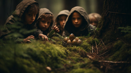 A group of children in the forest collect mushrooms. Selective focus.の素材